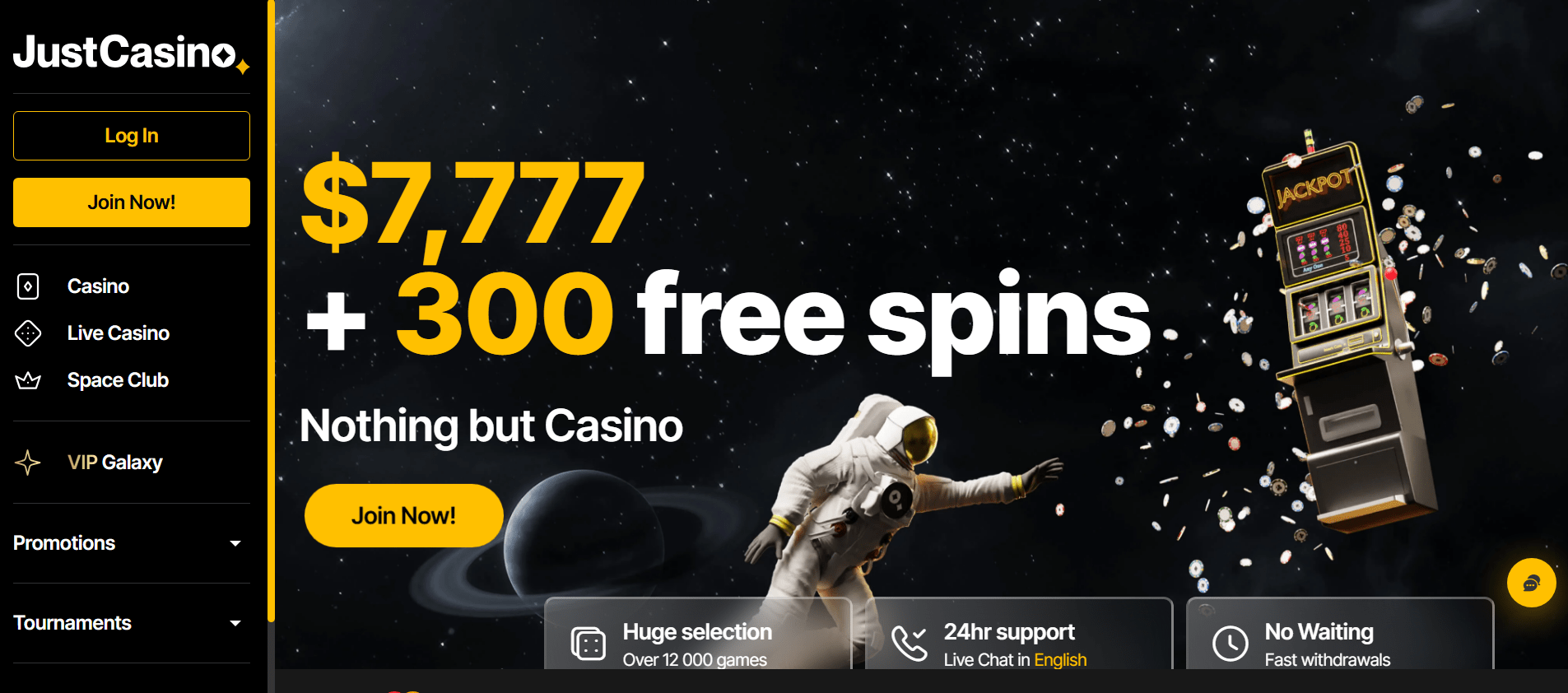 Homepage of JustCasino casino website